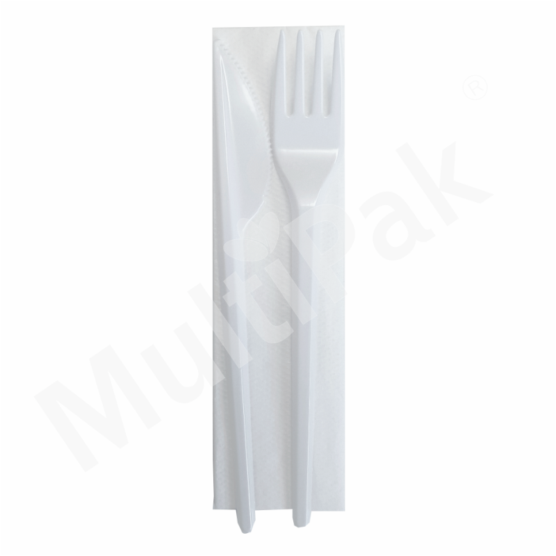 Zestaw białych sztućców - widelec + nóż + serwetka 