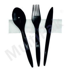 Zestaw czarnych sztućców - widelec + nóż + łyżka + serwetka 