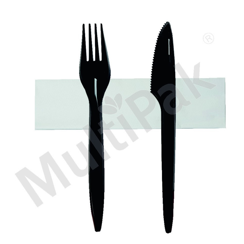 Zestaw sztućców czarnych - widelec + nóż + serwetka 