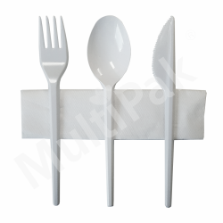 Komplet sztućców białych: widelec + nóż + łyżka + serwetka wielorazowego użytku /A350