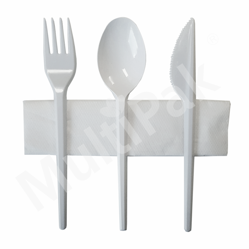 Komplet sztućców białych: widelec + nóż + łyżka + serwetka wielorazowego użytku /A350