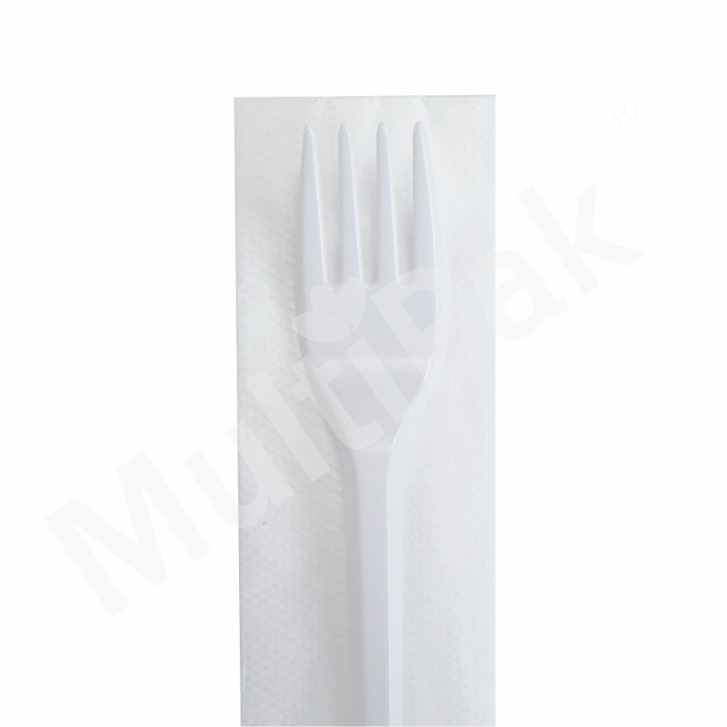 Komplet sztućców białych: widelec + serwetka wielorazowego użytku /A350